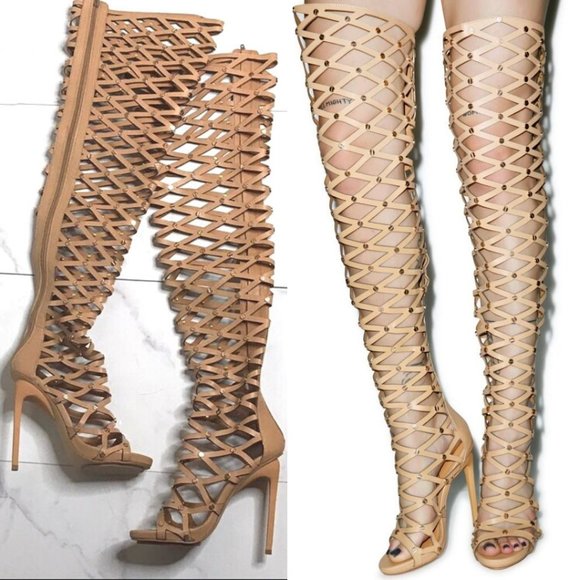 Privileged J.C. Dossier FIGHT FOR IT Beige Gladiator Thigh High Open Toe Boots 7 - Picture 1 of 10